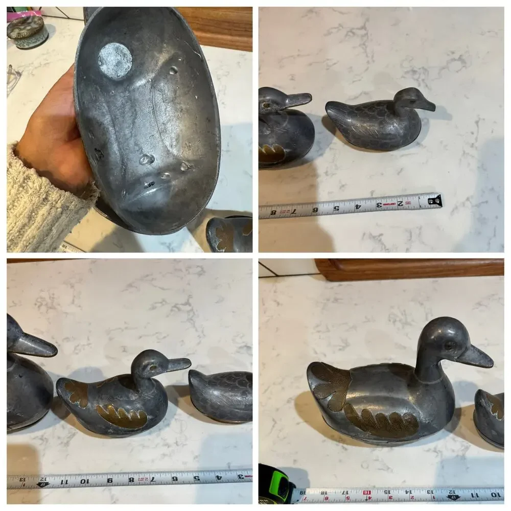 vintage pewter brass duck trinket boxes made in Hong Kong cabin rustic MCM